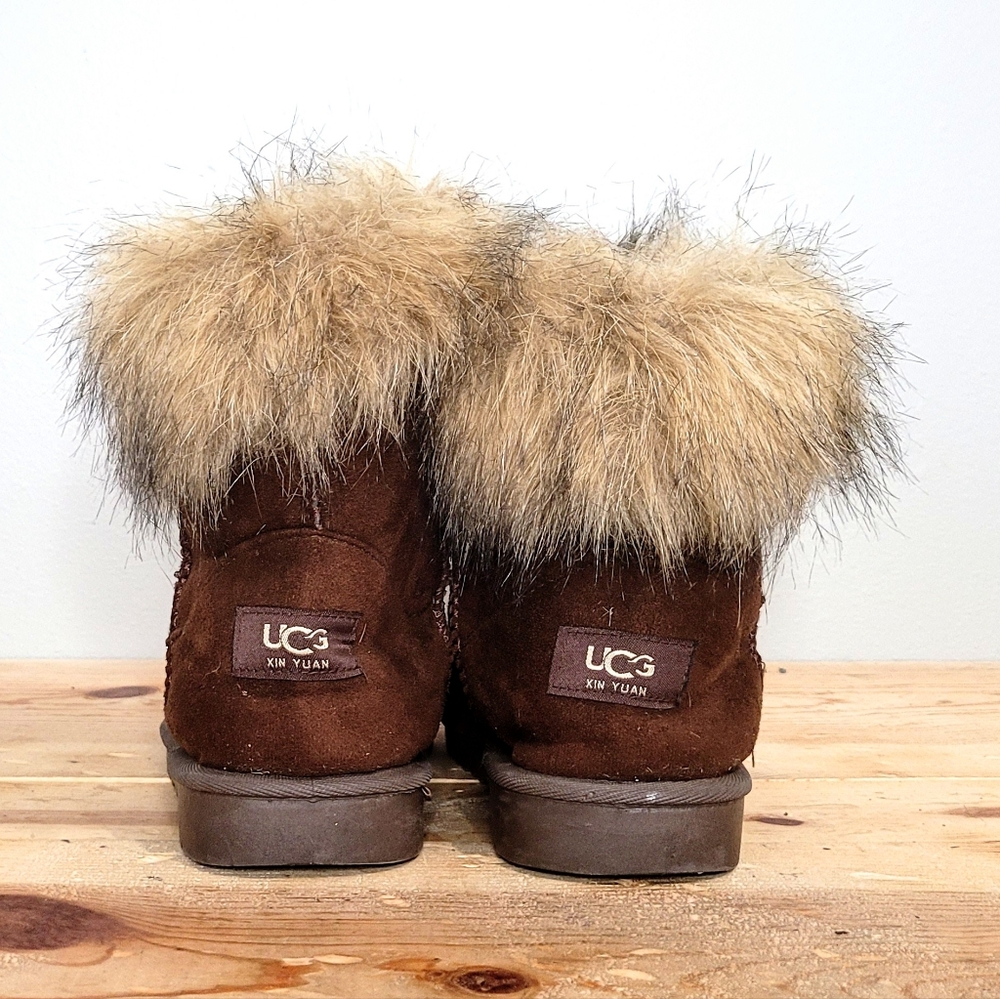 UCG XIN YUAN Brown Faux Fur Lined Boots Women's Pull On Fur Tops Cuffs Size 40 - Picture 3 of 9